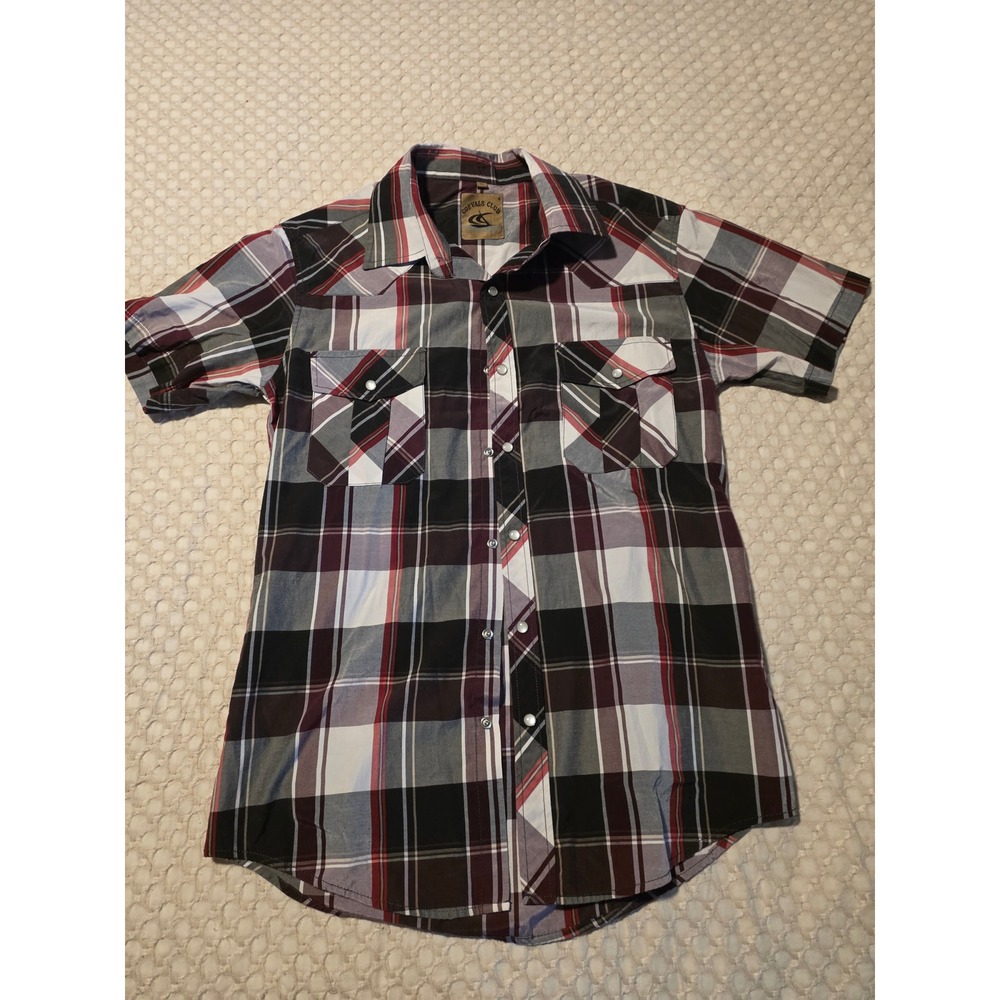 Coevals Club Western Shirt Mens Medium Burgundy Black Plaid Excellent Pearl Snap
